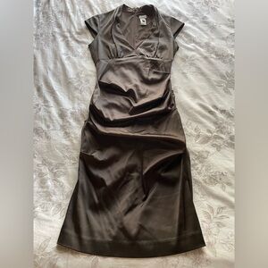 Cache Vintage Brown Satin Ruched Cap Sleeve Bodycon Midi Dress 4 Y2K Mobwife